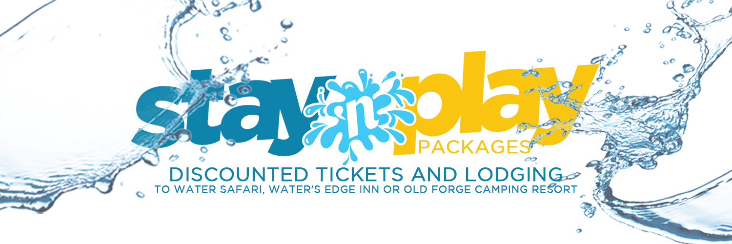 Stay 'n play banner. Splashes of water are surrounding the logo.