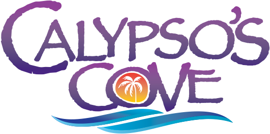 Calypso's Cove logo. The text is in purple font, with a blue wave underneath and a palm tree in the middle of the 