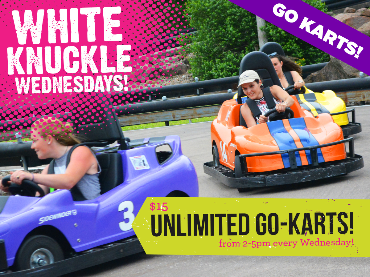 picture of people go karting and a bible that reads white knuckle Wednesdays a banner that says go karts and a tag that says $15 unlimited go-karts for 2 -5pm every Wednesday